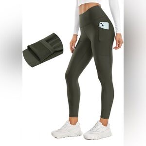 Fleece Lined Olive Green Leggings with Pockets